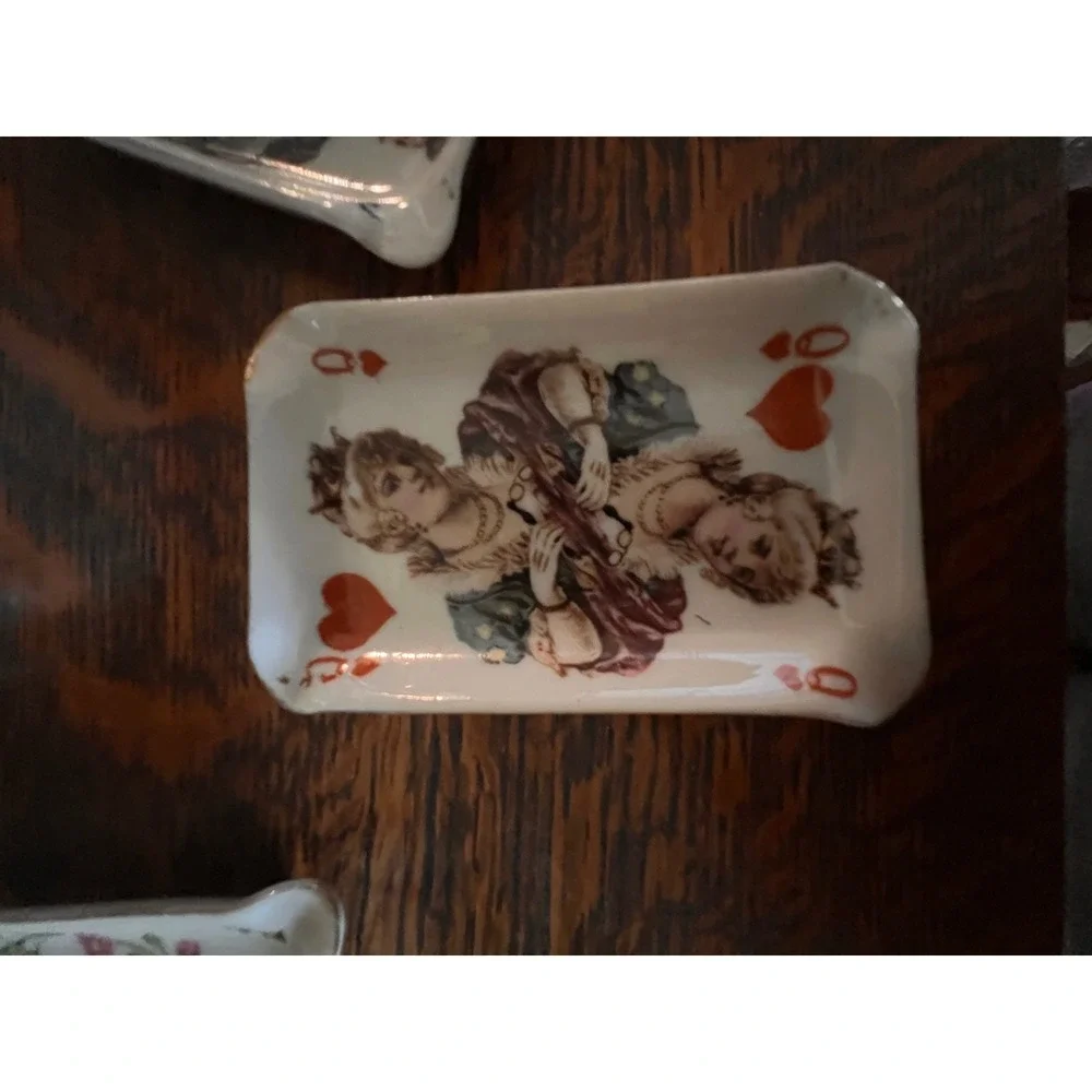 Vintage Japan Ceramic Bridge Set Playing Cards AshTrays Holder Queen Jack Ace